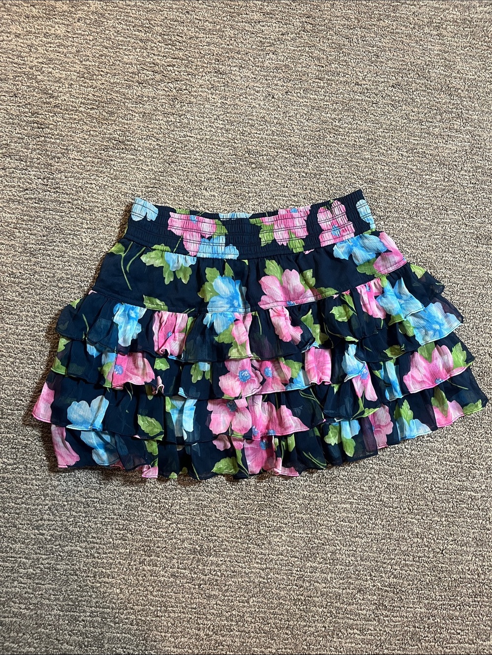 Hollister Navy Ruffled Mini Skirt with Pink & Light Blue Floral Print